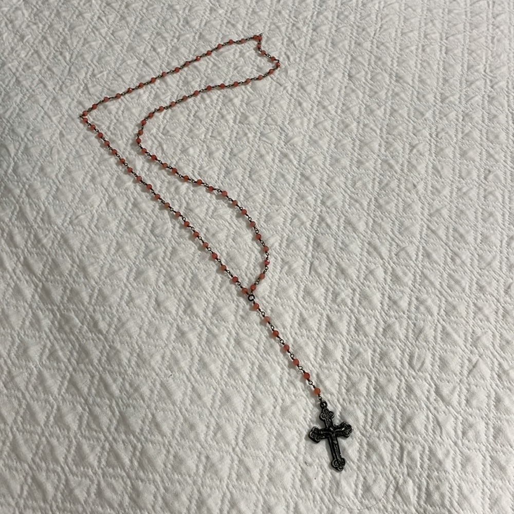 Fall smoky moonstone rosary beads layering necklace with cross rust beaded